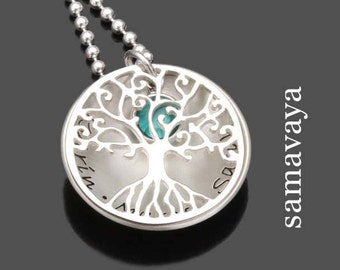 Namenskette Lebensbaum Kette Familienkette Gravur Kindernamen TREE OF LOVE Crystal 925 Silber Familienschmuck personalisiert Stammbaum Namen