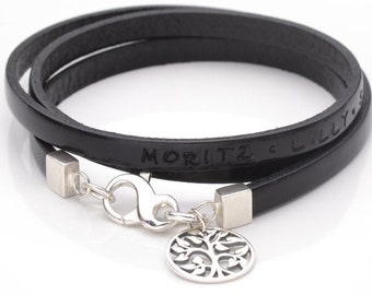 Armband mit Gravur FAMILY TREE 925 Silber Lederarmband Damenarmband Lebensbaum