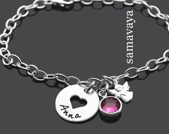 Bracelet de baptême personnalisable cadeau de baptême fille gravure COEUR D'ANGE bracelet en argent 925 pour prénom de baptême coeur d'ange pierre de cristal Samavaya