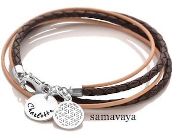Leather bracelet women engraving 2-in-1 FLOWER OF LIFE 925 silver bracelet wrap bracelet name jewelry gift woman ladies personalized