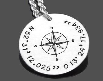 personalisiertes Geschenk Mann Herren Kette Koordinaten GPS Silberkette Kompass Männerkette Gravur Herrenhalskette Lieblingsort coordinates