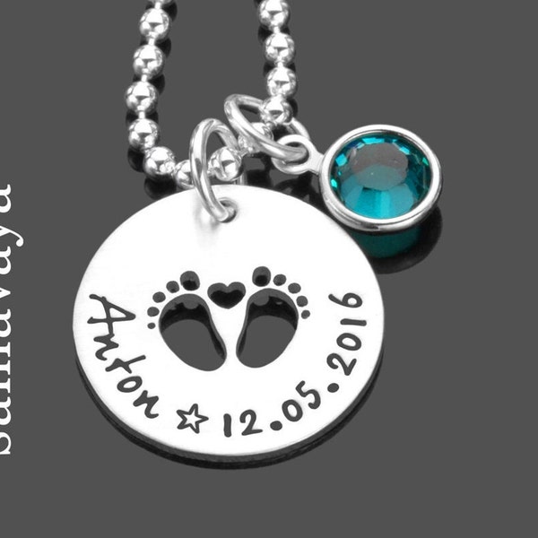 Geschenk Geburt Kette Babyparty Mutter Mama ERSTE SCHRITTE Geburtskettekette Silber personalisiert Gravur Babyfüsse Herz first baby steps