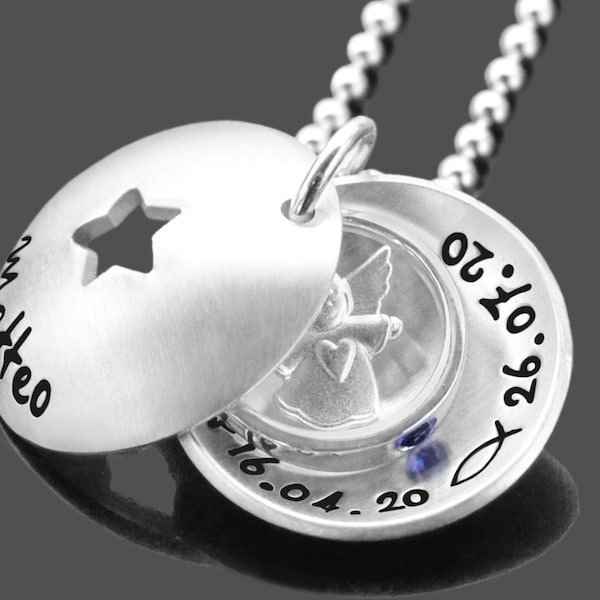 Baptême Baptême Cadeau Baptême Collier Garçon Gravure Nom Date Ange Gardien STAR CHAPITRE BAGUE Collier Argent Bijoux Cadeau Parrain Personnalisé