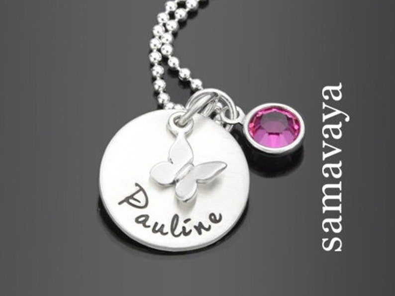 Collier enfant personnalisé inscription scolaire fille gravure PRINTEMPS argent bijoux enfant papillon cristal pierre cadeau cartable enfant image 1