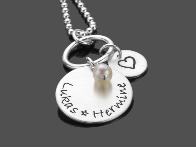 Kette mit Gravur THE POWER of LOVE 925 Sterling Silber, Namenskette mit Herz und Perle Bild 2