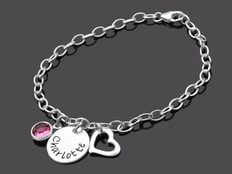 Children's bracelet crystal stone engraving girls HEART CRYSTAL 925 silver bracelet children personalized name pendant heart silver bracelet girls image 2