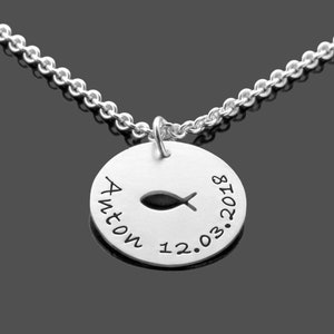 Christening necklace boys personalized silver christening jewelry KUMBAYA BOYS christening gift name engraving date Christian fish gift godfather godmother image 4