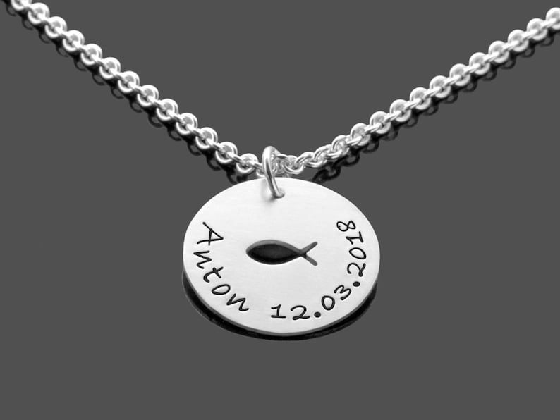 Christening necklace boys personalized silver christening jewelry KUMBAYA BOYS christening gift name engraving date Christian fish gift godfather godmother image 4
