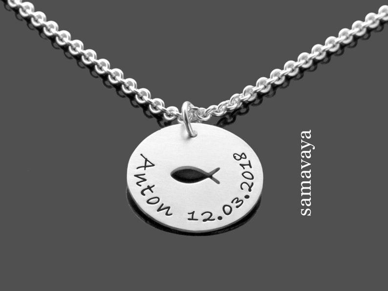 Christening necklace boys personalized silver christening jewelry KUMBAYA BOYS christening gift name engraving date Christian fish gift godfather godmother image 1