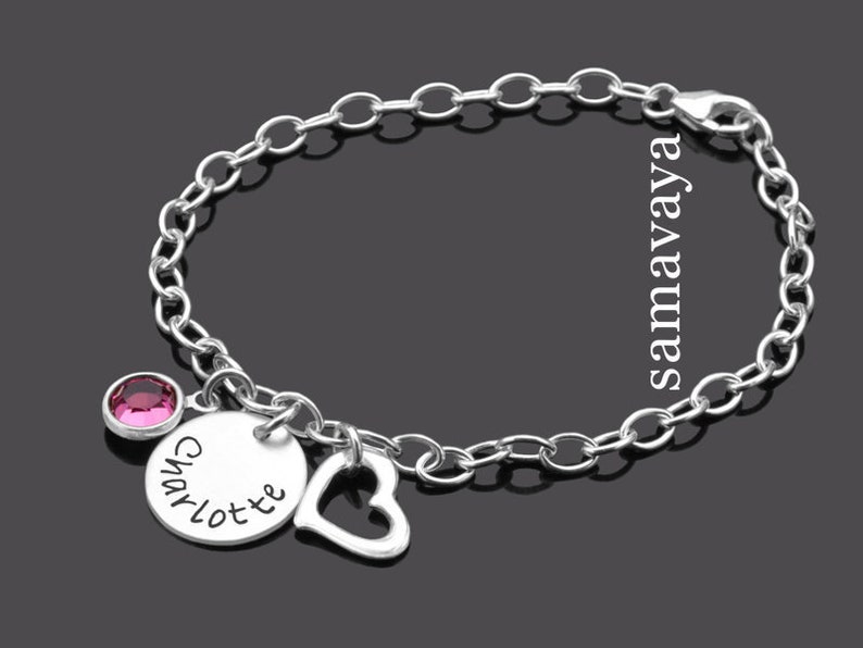 Children's bracelet crystal stone engraving girls HEART CRYSTAL 925 silver bracelet children personalized name pendant heart silver bracelet girls image 1