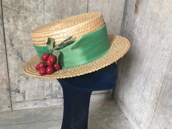 French straw boater hat with cherry decoration - image 1