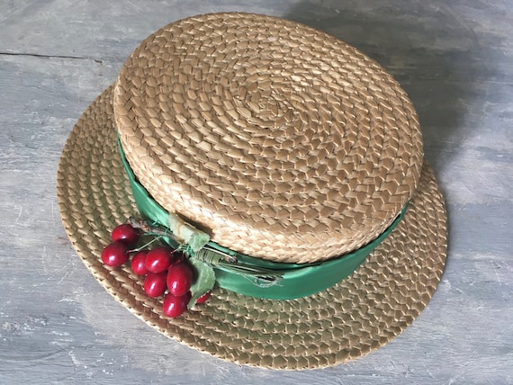 French straw boater hat with cherry decoration - image 4