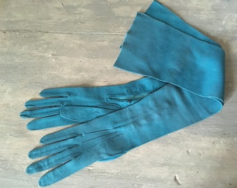 Pair of vintage teal blue suede gloves