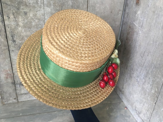 French straw boater hat with cherry decoration - image 2