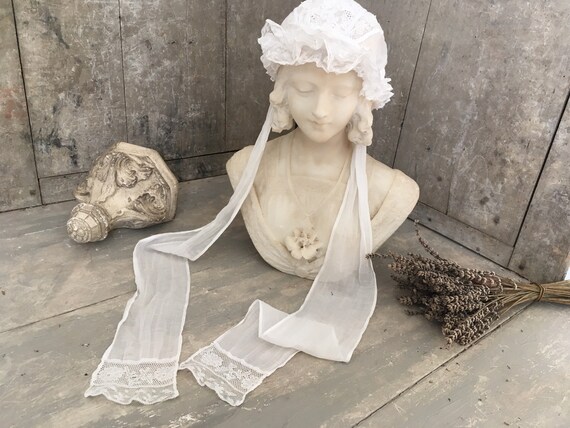 Antique white cotton and lace bonnet