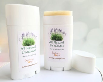 All Natural Deodorant 2 ounces, essential oils of Lavender, Lemongrass, Patchouli, Rosemary, Peppermint, and no baking soda.