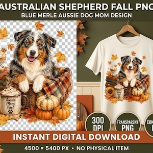 Puede incluir: Una camiseta blanca con un gráfico de un perro pastor australiano blue merle sentado en una cesta con hojas de otoño, calabazas, un girasol y dos tazas de café. Una taza tiene el texto Aussie Mom Fuel con un icono de huella.