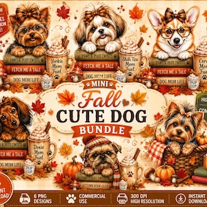 Puede incluir: Un paquete de gráficos digitales con seis ilustraciones de perros con temas otoñales, que incluyen calabazas, hojas de otoño, pilas de libros con títulos como Paws & Plot Twists y tazas con la etiqueta Dog Mom Fuel, con el texto Mini Fall Cute Dog Bundle.