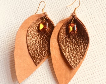 Large Leaf Earrings, Leather Earrings, Leather Leaf Earrings, Boho Earrings, Rustic Earrings, Sterling Silver Earrings
