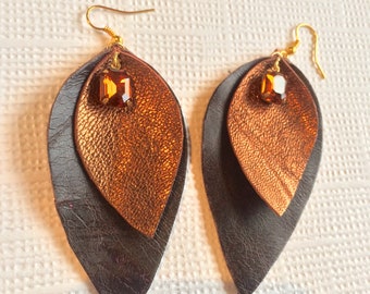 Large Leaf Earrings, Leather Earrings, Leather Leaf Earrings, Boho Earrings, Rustic Earrings, Sterling Silver Earrings