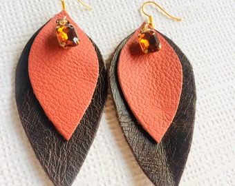 Large Leaf Earrings, Leather Earrings, Leather Leaf Earrings, Boho Earrings, Rustic Earrings, Sterling Silver Earrings