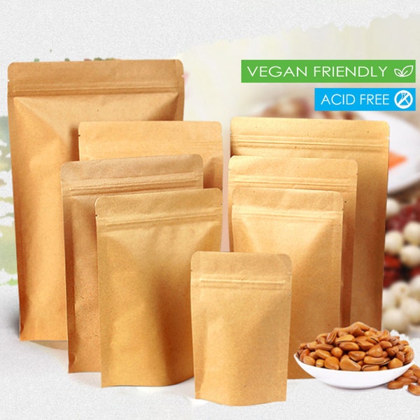 Kraft Stand Up Pouches / 50 Self Standing Brown Product Packaging Bags con pellicola impermeabile interna, chiusura a zip riutilizzabile / termosaldabile