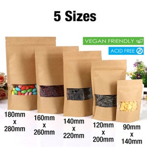 Kraft Stand Up Pouches in Bulk Quantities / Self Standing Brown Product Packaging Bags with Window, Reusable Zip Lock / Heat Sealable