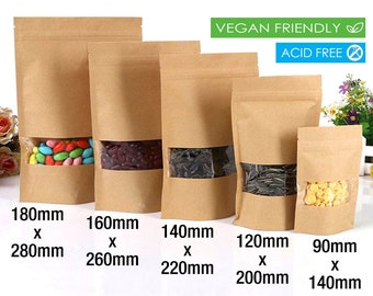 Kraft Stand Up Pouches / 50 Self Standing Brown Product Packaging Bags with Window, Waterproof Inside, Reusable Zip Lock / Heat Sealable