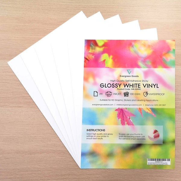 Glanzsticker Vinyl / Anpassbare weiße druckbare Etiketten / A4 Selbstklebende Blätter / Inkjet Druckbar nur / Maschinen kompatibel