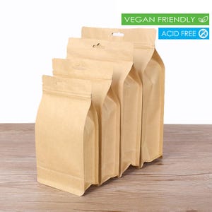 Buste a fondo piatto in carta kraft riciclabile – 50 buste rivestite in alluminio, chiusura lampo riutilizzabile, interno impermeabile e imballaggio termosaldabile