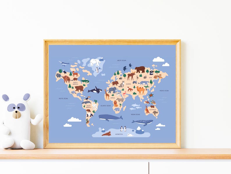 Printable Animal World Map Poster for Nursery, Kids Bedroom or ...