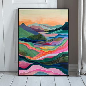 Abstrakt Rosa Berg Wandkunst, Bunte Wandkunst, Abstrakte Wandkunst, Acrylkunst, Illustrationskunst, Landschaft Kunstdruck