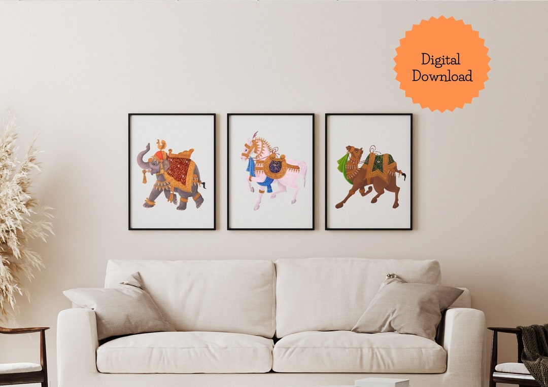 Set of 3 Indian Wall Art Decor, Animals Elephant Horse Camel, Digital