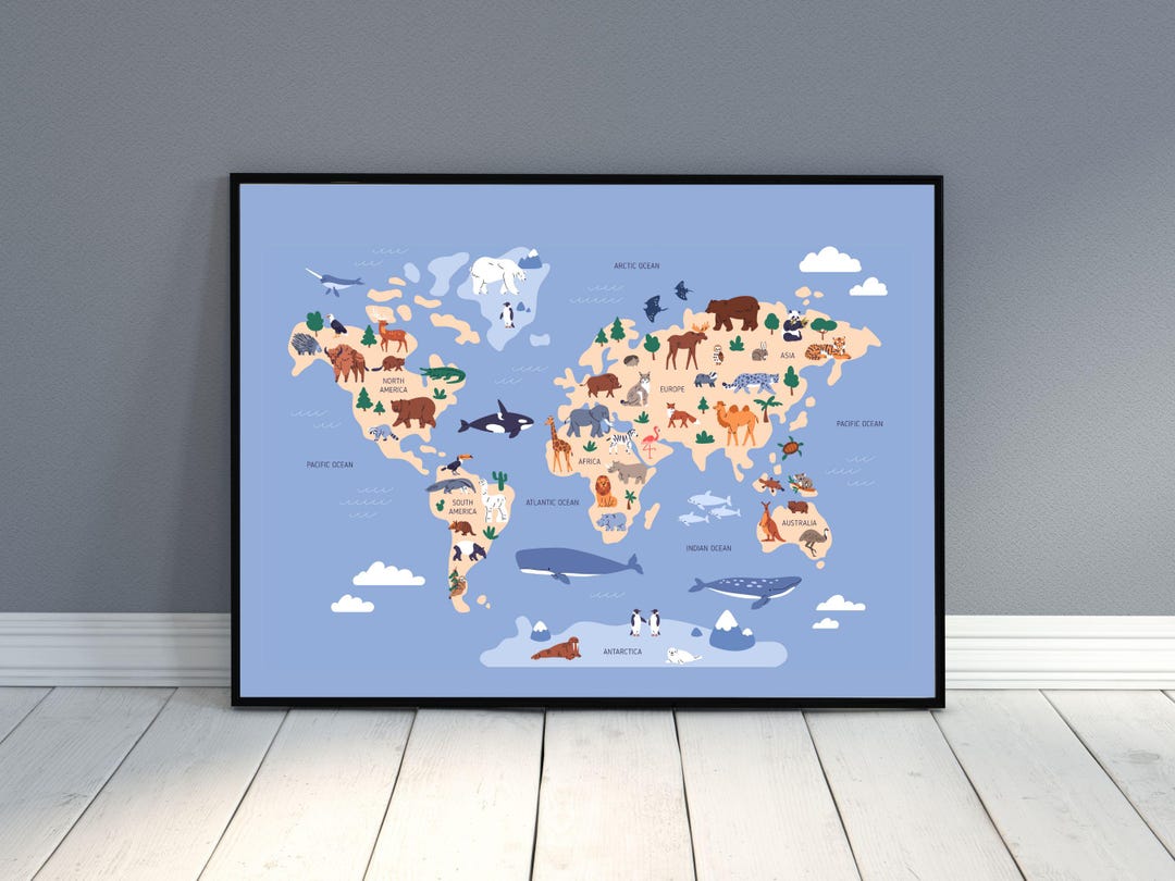 Printable Animal World Map Poster for Nursery, Kids Bedroom or ...