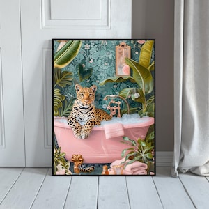 Leopard i rosa badrumstryck, maximalistisk badrumskonst (digital nedladdning)