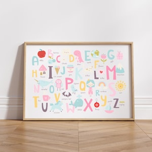 Alfabetos de acuarela, bonito póster del alfabeto para la educación en el hogar, decoración de pared para salas de juegos, arte mural para guarderías, aulas y entornos Montessori