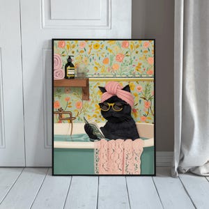 Vintage image of a Cat Relaxing in a Bath Matte Vertical Posters, Bathroom Wall Art, Gift for Cat Lovers, House Warming Gift, black cat art