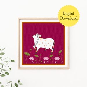 Pichwai Holy Cow Art: Indian Folk Print, Lotus Vintage Painting (Digital Download)