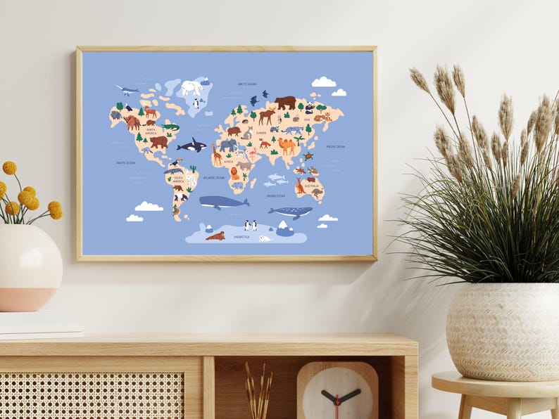 Printable Animal World Map Poster for Nursery, Kids Bedroom or ...