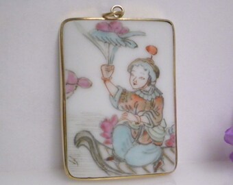Old Chinese Porcelain Shard Gold Wash on Sterling Silver Pendant with Seal and Box