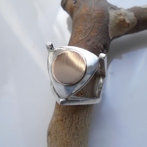 May include: A silver ring with a gold-colored circular center. The ring has a geometric design with a triangular shape around the gold circle. The ring is displayed on a brown, textured branch.