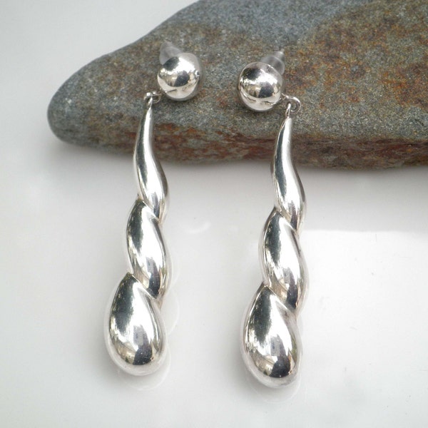 1980’s Signed IBB Long Twisted 925 Sterling Silver Dangle Drop Puffy Pierced Earrings