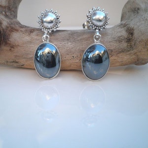 Vintage Genuine Hematite Gemstone Oval Design 925 Sterling Silver Dangle Post Earrings