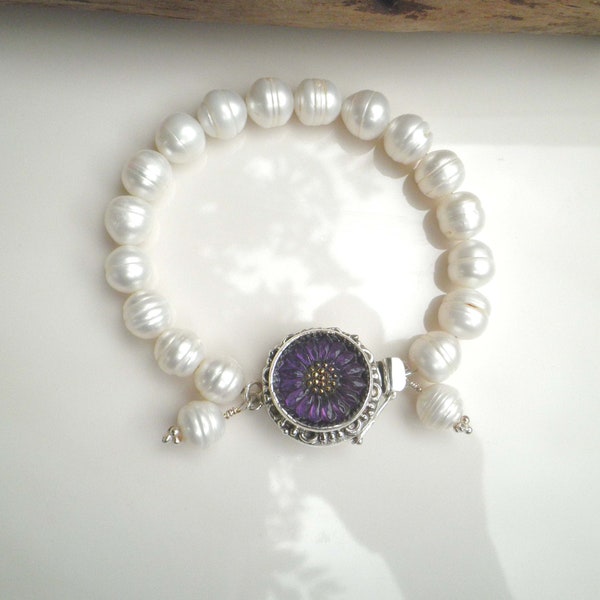 Vintage White Freshwater Pearls Carved Amethyst Gemstone Box Clasp 925 Sterling Silver Bracelet