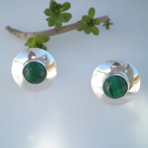 Vintage Genuine Malachite Stone 925 Sterling Silver Round Stud Earrings