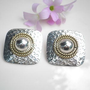 Vintage Taxco Mexico Signed Laton Two Tone 925 Sterling Silver Large Square Post Earrings