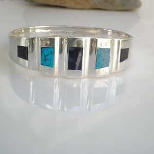 Vintage Signed JGL Taxco Mexico Turquoise, Onyx, Lapis Lazuli 925 Sterling Silver Heavy Hinged Wide Bracelet