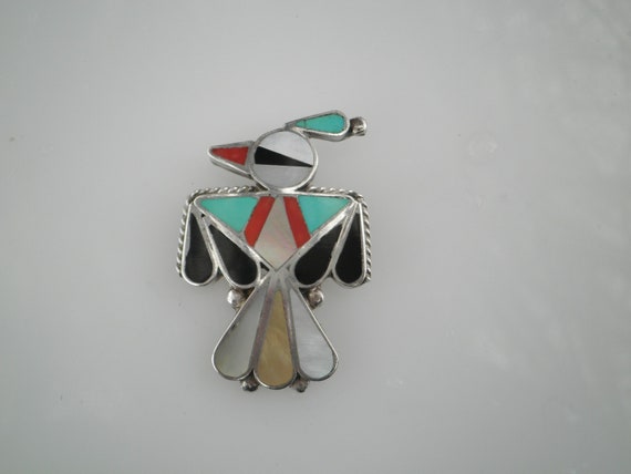Zuni Multiple Gemstones Inlay Sterling Silver Thu… - image 1