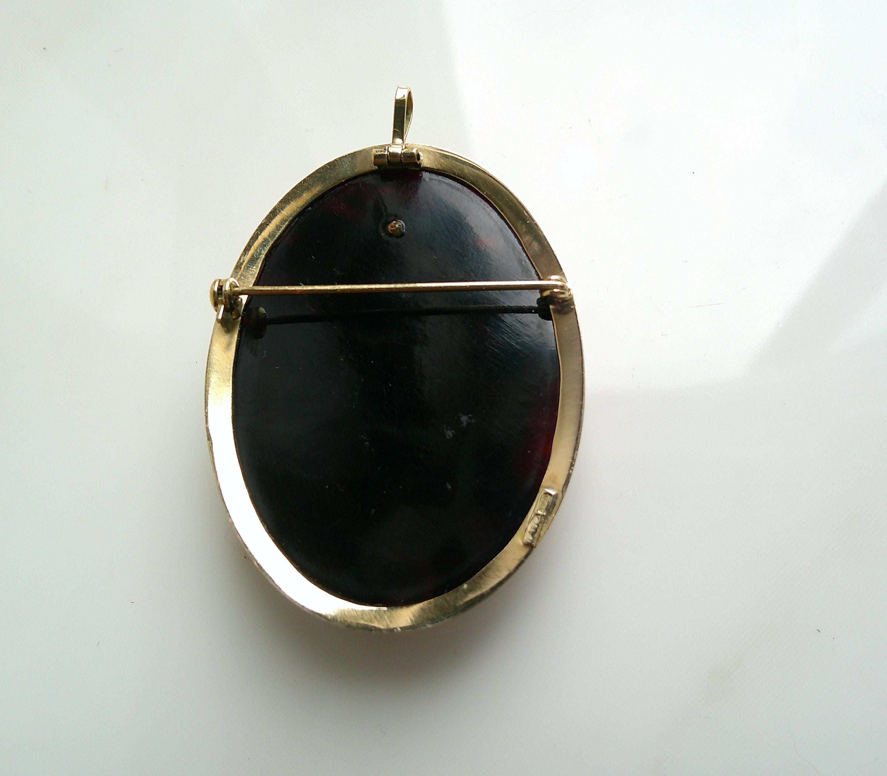 Authentic Italian 18K Shell Cameo Large Brooch Faux Tortoiseshell