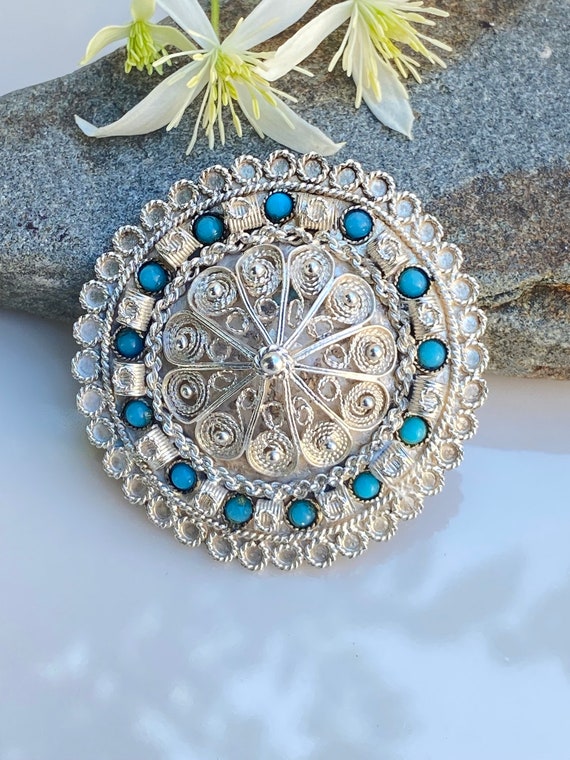 Vintage Israel Genuine Blue Turquoise filigree 935